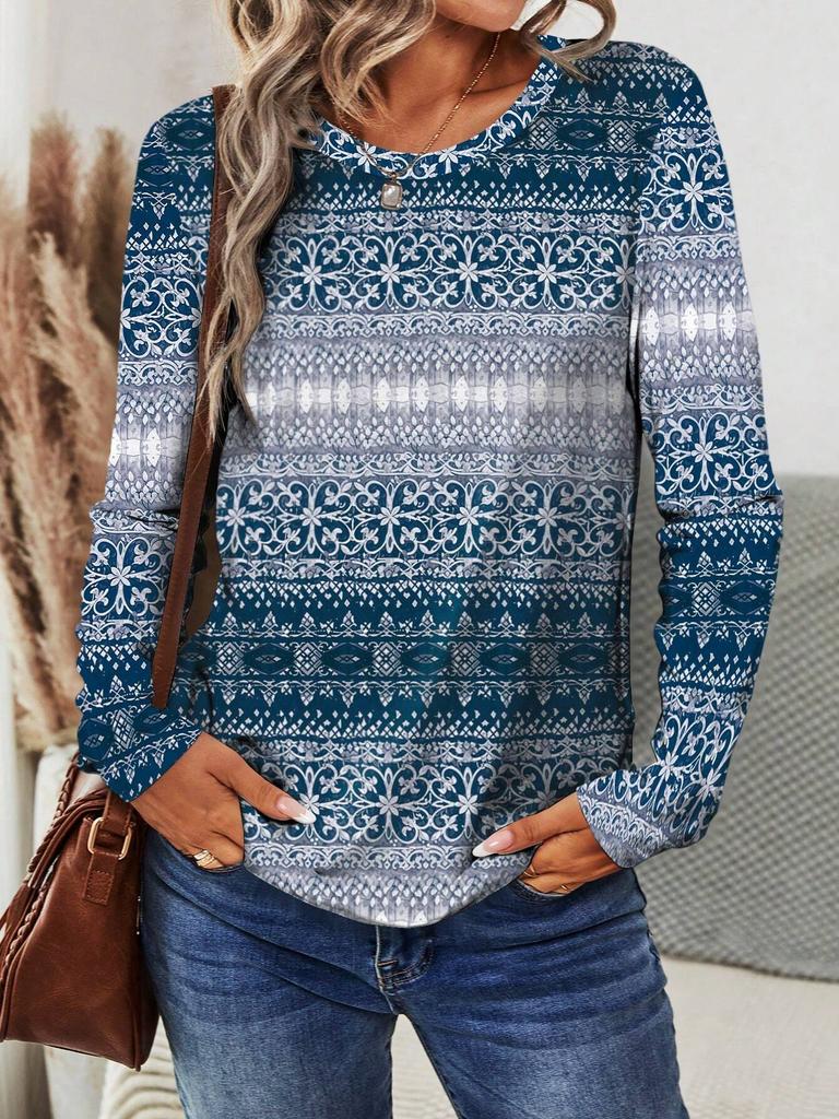 Camiseta de Mujer 3D Estampado Étnico Retro Moda Manga Larga Cuello Redondo Regular Top Vacaciones Fin de Semana Primavera Otoño