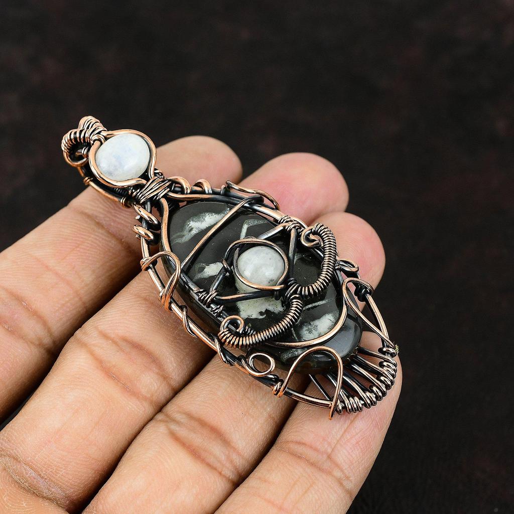 Evil Eye Moroccan Mud Crack Fossil Copper Wire Wrapped Pendant Gemstone Handmade Pendant Rainbow Moonstone Pendant Evil Eye Jewelry For Gift