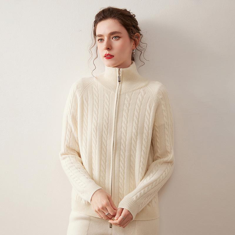 Women's Cable Knit Cashmere Cardigan - Solid Color, Stand Collar, Zipper Closure, Autumn/Winter Casual Style Sweater