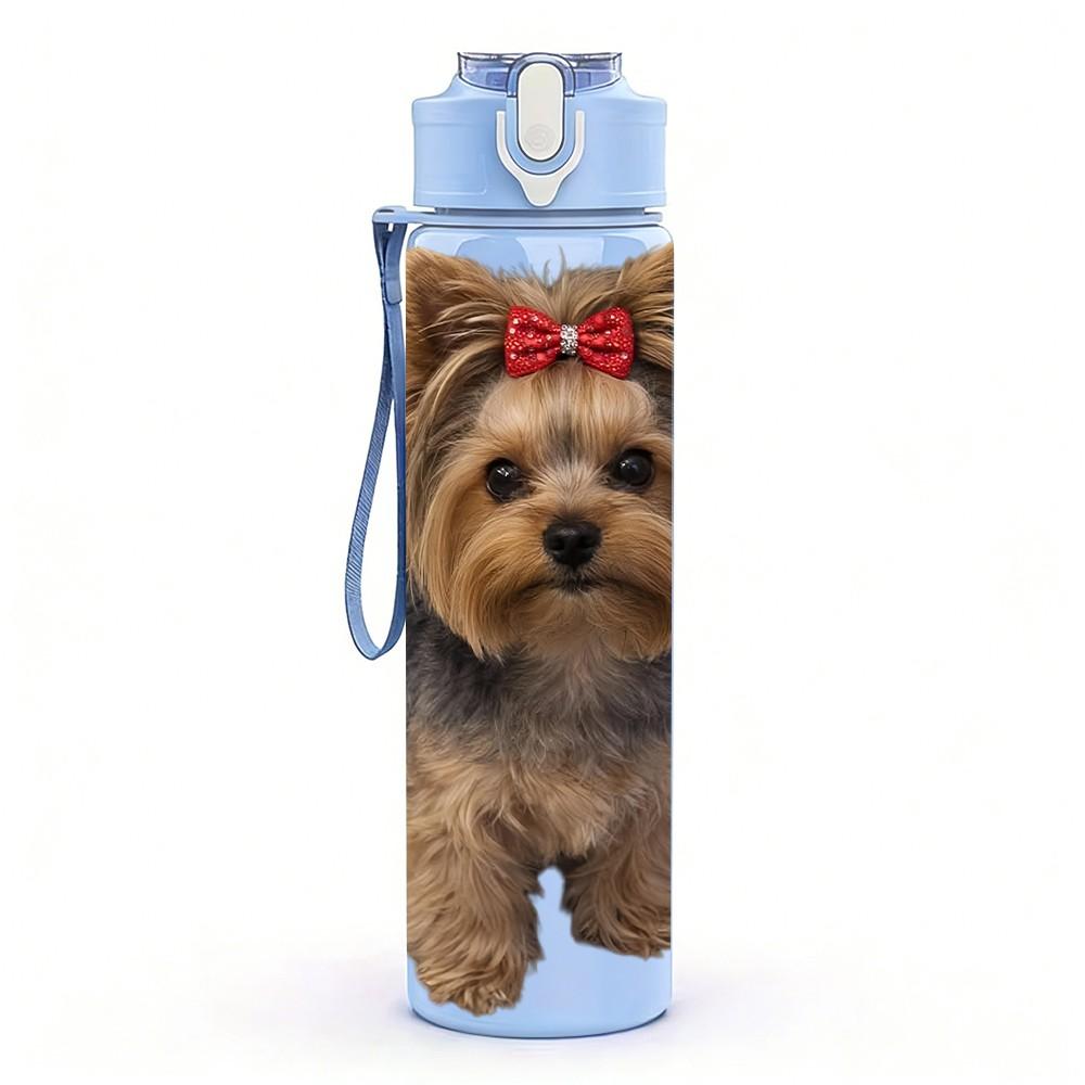 1PC Yorkie Puppy With Red Hair Bow 750ml Color Plastic Sports Water Bottle Leakproof Flip Straw Lid Suitable for Sports Office Home Use