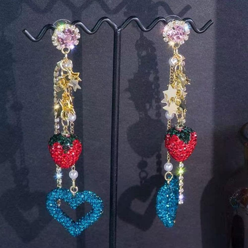 Light Luxury Rhinestone Earrings Women Bohemian Sweet Drop Earrings Strawberry Stud Earrings  Party