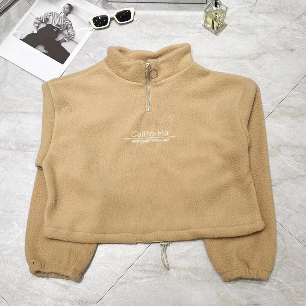 Verdicktes Lammvelours Herbst und Winter Kurzes Halbrollkragen-Reißverschluss-Sweatshirt für Damen Neues Plüsch Plüsch Verdicktes Lockeres Studenten-Oberteil