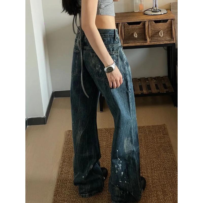 Nationaler Trendiger Design Spritzfarben Jeans für Damen Street High-Waisted Locker Schlankmachend Weiter Bein Gerade Hosen Trendig