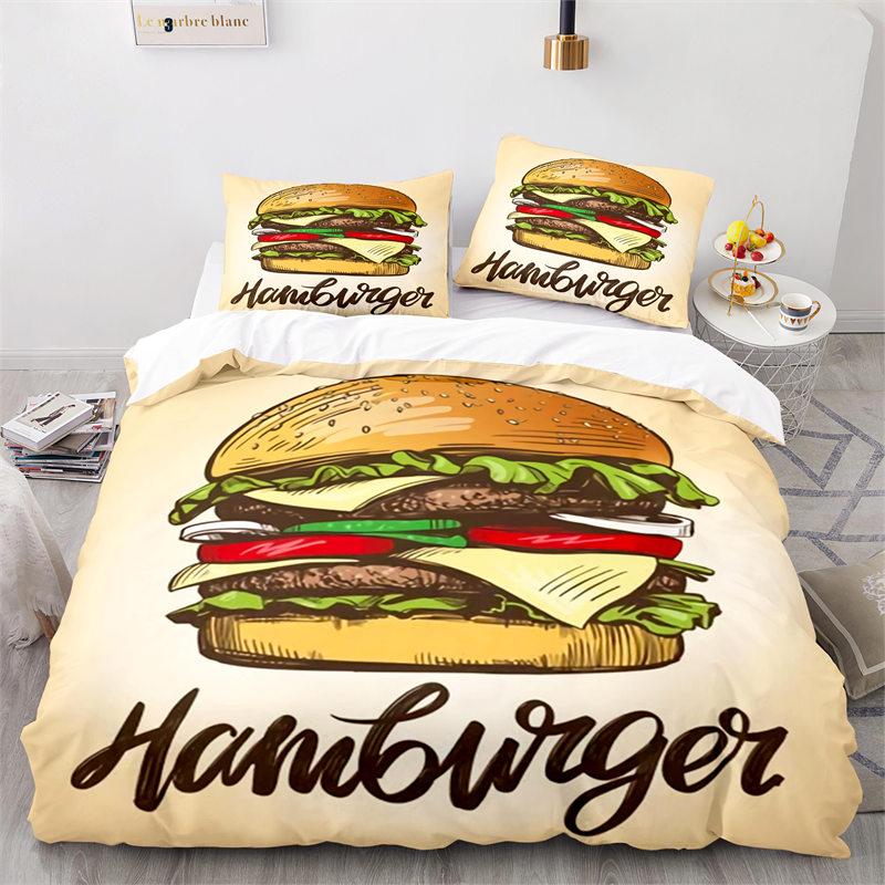 Kreativer Fast Food Bettbezug Pizza Hamburger Druck Bettdeckenbezug Mikrofaser Bettwäscheset King Queen für Kinder Teenagerzimmer Deko