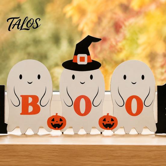 Halloween Table Decorations Cute Ghost Wooden Decor, BOO Pumpkin Witch Tabletop Ornament Spooky Season Signs for Desk Shelf, Soft Home Decoration,