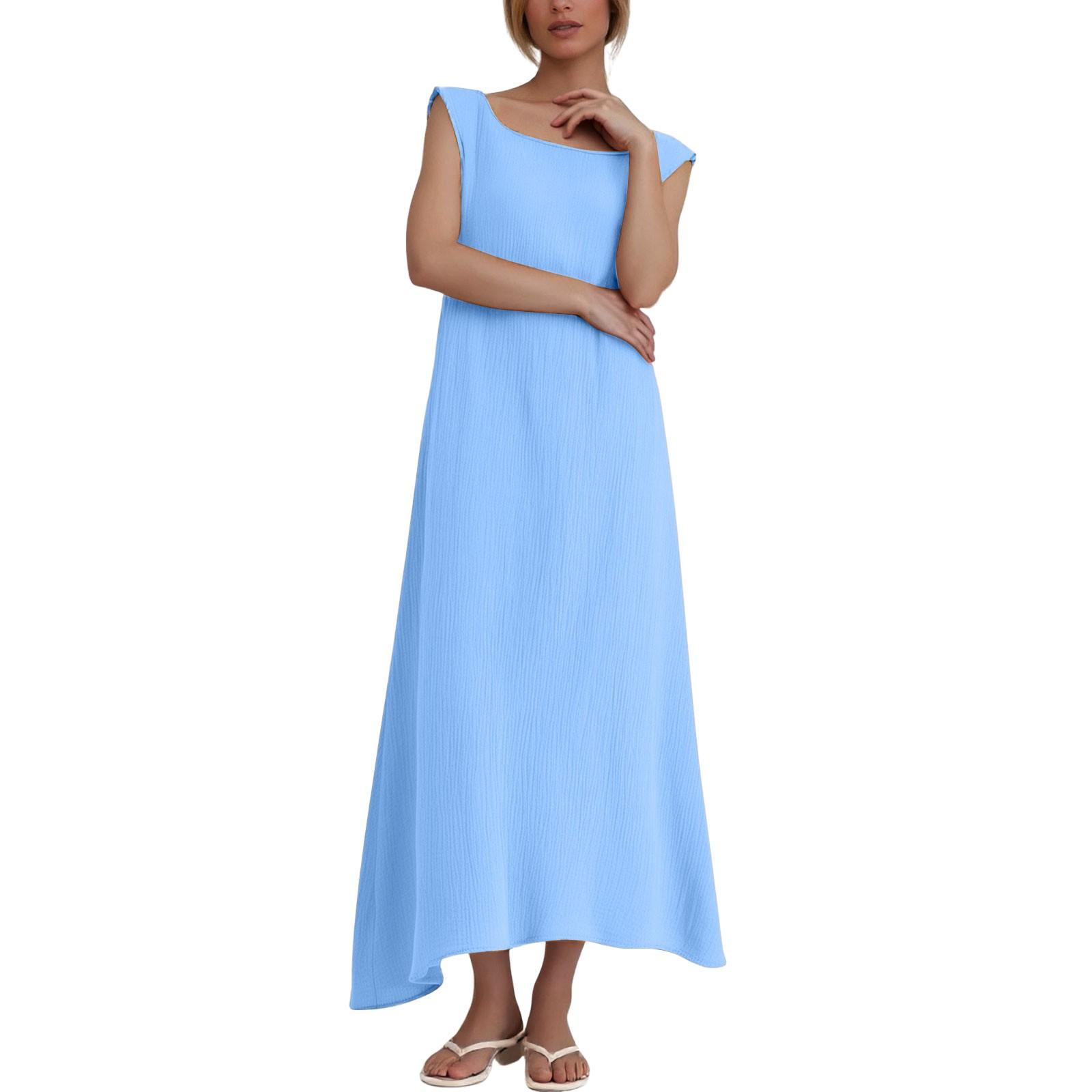

Women s Cotton Linen Casual Round Neck Sleeveless With Pockets Long Dresses L синій