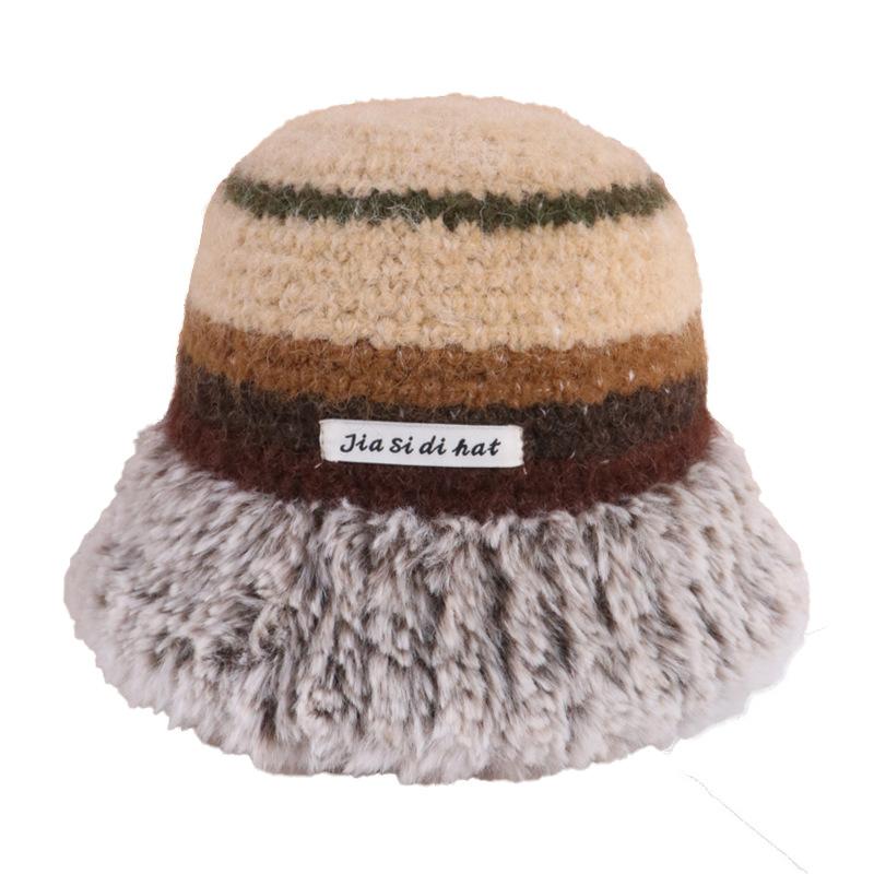 Autumn and Winter Rainbow Color Striped Ear Protector Wool Hat Women's Face Small Lace-up Contrasting Color Bag Head Knitted Hat