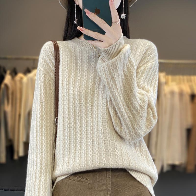 2024 A/W Women's Thick Wool Knit Sweater - Round Neck, Long Sleeve, Bright Silk, Loose Fit