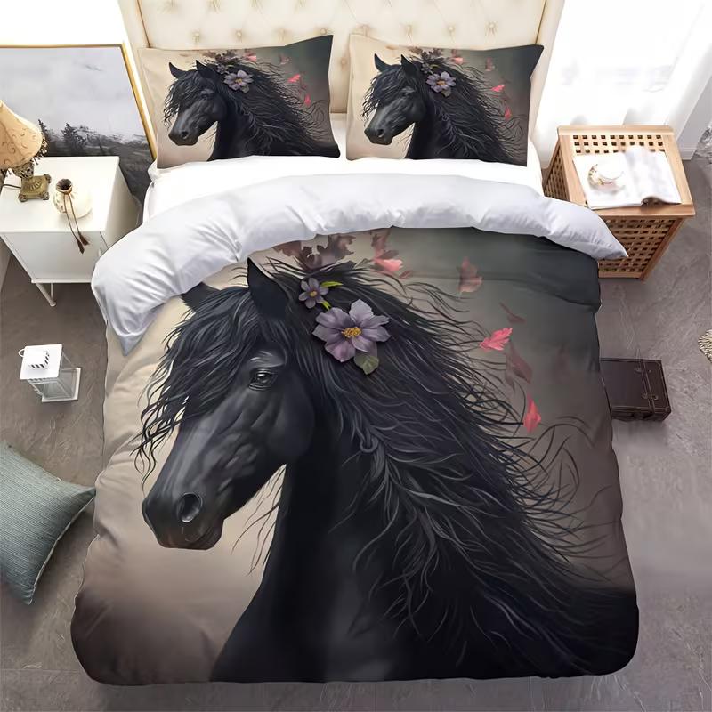 

Black Horse Bedding Set Floral Animal Down Duvet Cover Queen King Single Duvet Cover Pillowcase 2/3pc Gift Soft Bedroom Decoration DE 100x135cm