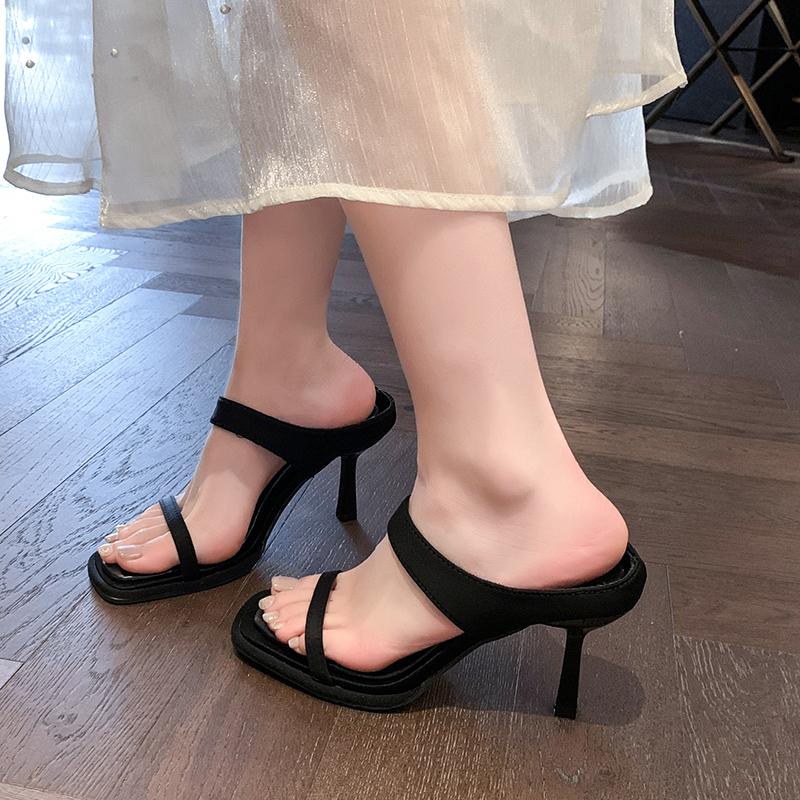 Fashion Summer Silvery Women Slippers Fashion Elegant Narrow Band Open Toe Slides Shoes Ladies Outdoor Dress High Heel Sandalias