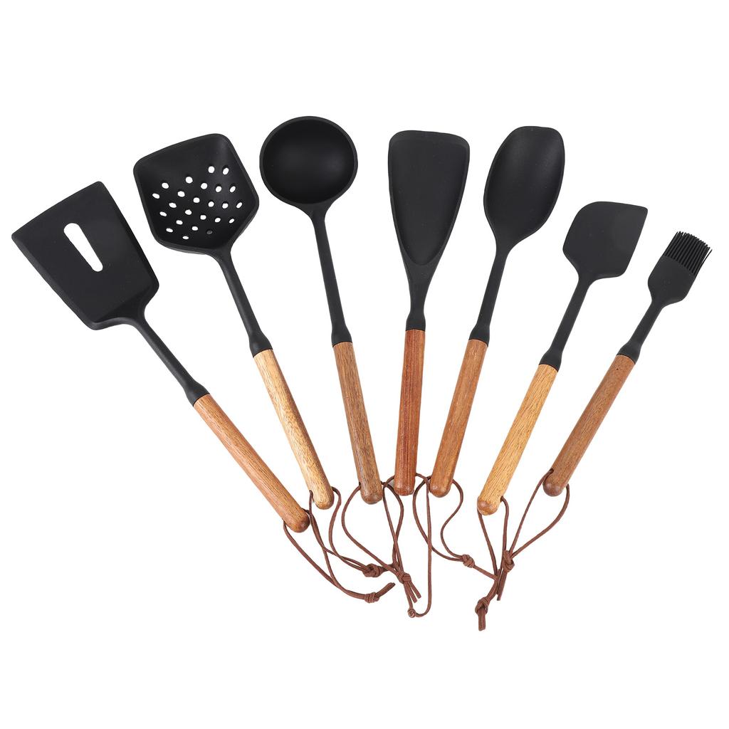 7PCS Kitchen Cooking Utensils Silicone Heat Proof Nonstick Cooking Spatula Turner Spoon Set with Wooden Handle for