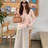 Ladies Autumn Winter Long Sleeve V Neck Loose Basic Solid Color Pullover Knitted T Shirt Top for Layering