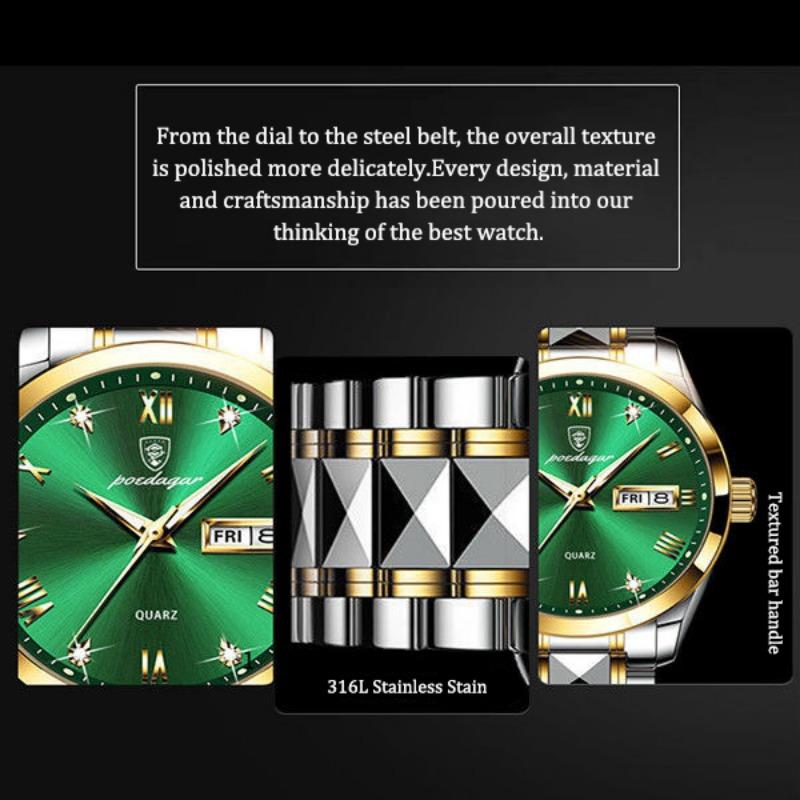 POEDAGAR Top-Marke Luxus Mode Grüne Zifferblatt Uhr Herren Wasserdicht Leuchtend Wochentag Datum Uhr Sportuhren Quarz Armbanduhr