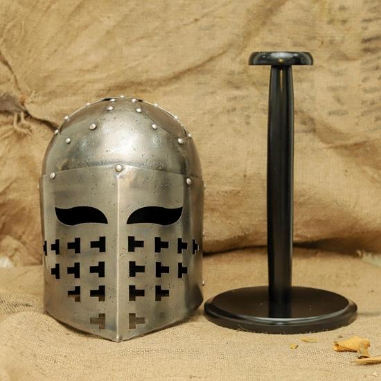 Weathered Steel Knight Helm  Medieval Crusader Cosplay Armor with Stand