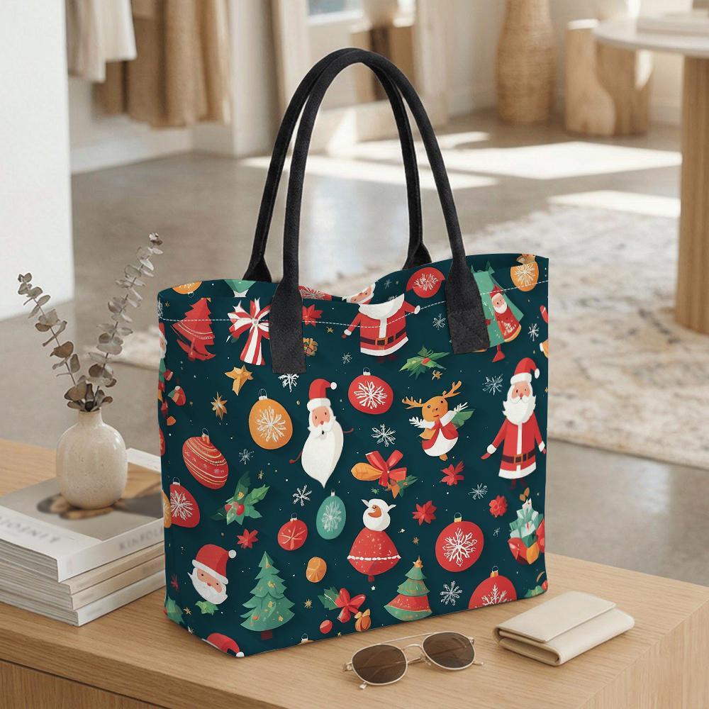 Christmas Printed Canvas Tote Bag Large Capacity Portable Handbag for Holiday Shopping Daily Use