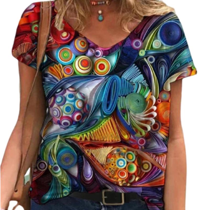 Fashion Spring  Multicolored Print Blouses Short Sleeved V-Neck T Shirts Casual