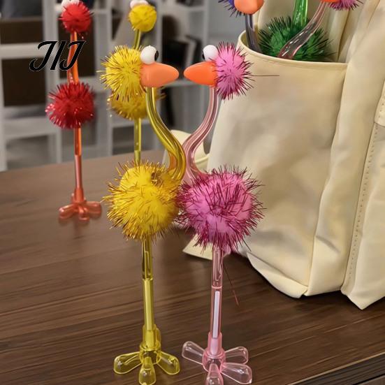 Cute Desk Decoration Pens Cartoon Ostrich Plastic Ballpoint Pens, Funny Freestanding Pen, 0.5mm Pen Tip, Plush Fluffy Ball Furry Writing for Students