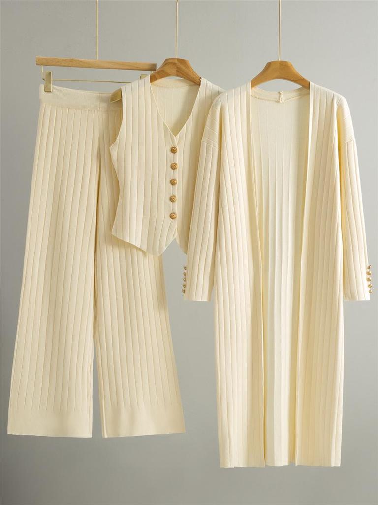 2026 Spring/Fall Elegant Knit Three-Piece Set: Long Cardigan Coat, Single-Breasted Vest, Wide-Leg Pants