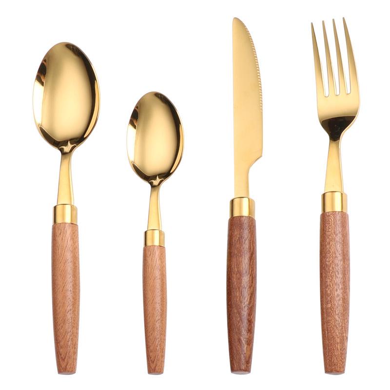 HS Western Cutlery Set: Exquisite Sapele Wood & 304 Stainless Steel Knife, Fork, Spoon with Round Wood Handle.