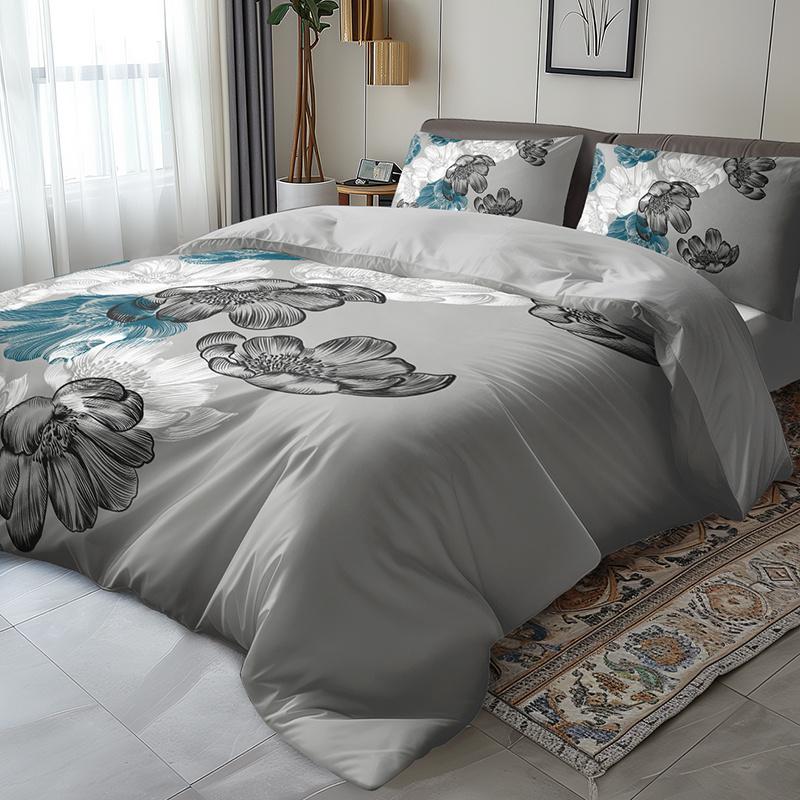 3pcs Teal and Gray Floral Bedding Duvet Cover Set Bohemian Floral Bedding Quilt Set Bohemian Themed Bed Quilt Set Grey and Teal