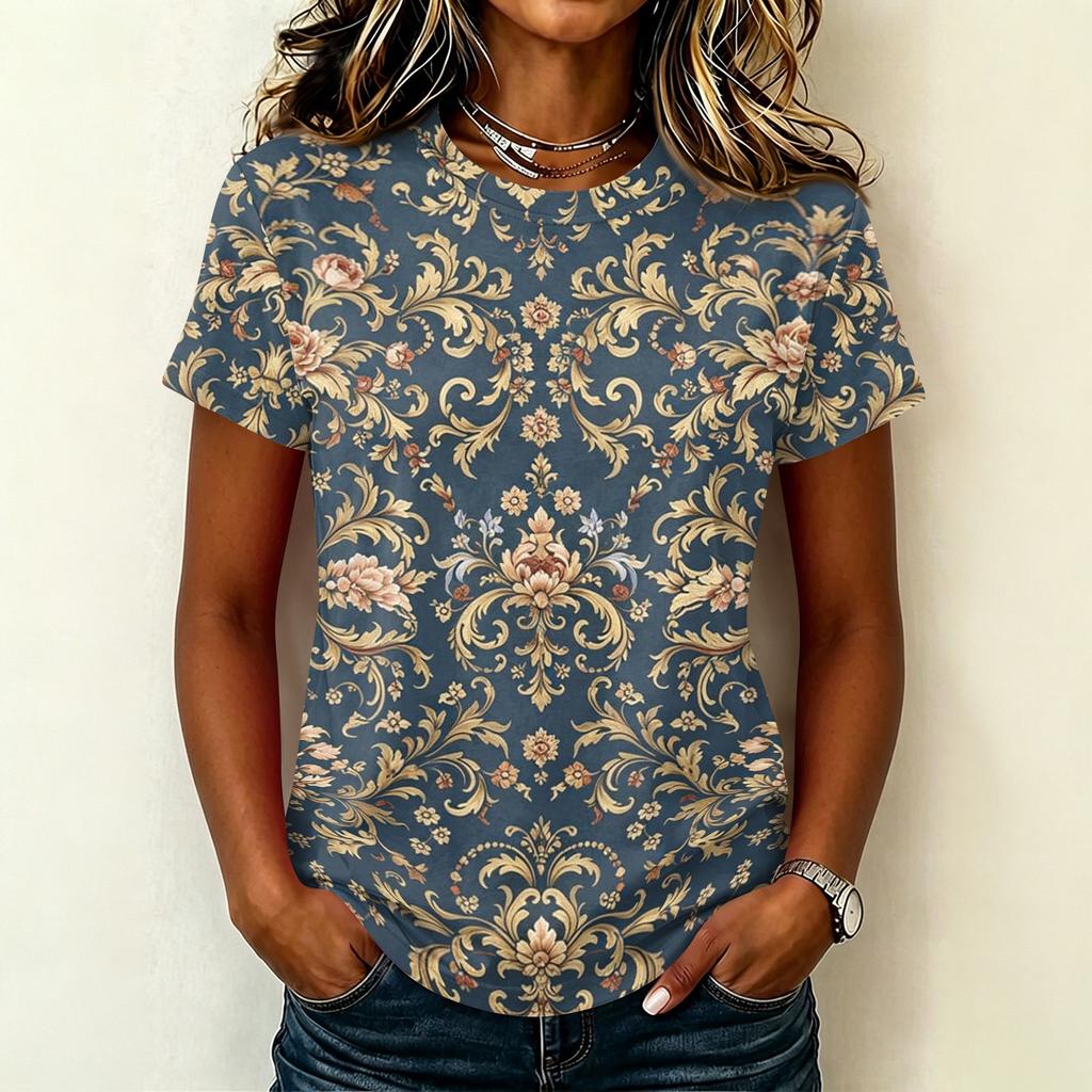 Women's Casual Pullover T Shirt Short Sleeve Round Neck Floral Print Top Lightweight Soft Fabric Relaxed Fit Tee for Everyday Wear