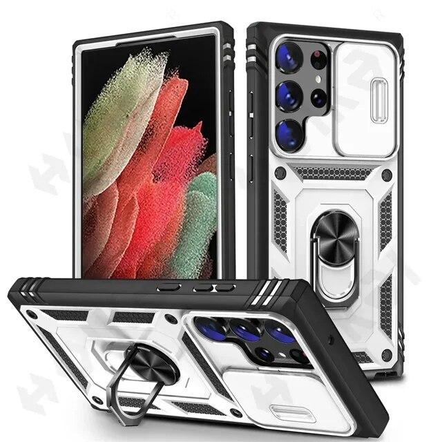 

Слайд-чехол для Samsung S23 S22 S21 Ultra FE A54 A34 A14 4G 5G, чехол для камеры, кольцо, противоударный, сверхмощный, в стиле милитари Samsung F12 белый