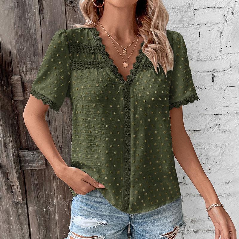 Women's Shirt Summer Casual Vacation Lace V-neck White Short Sleeve Loose Shirts for Women Elegant Tops Slim Fit Solid Color Women's Blouse New