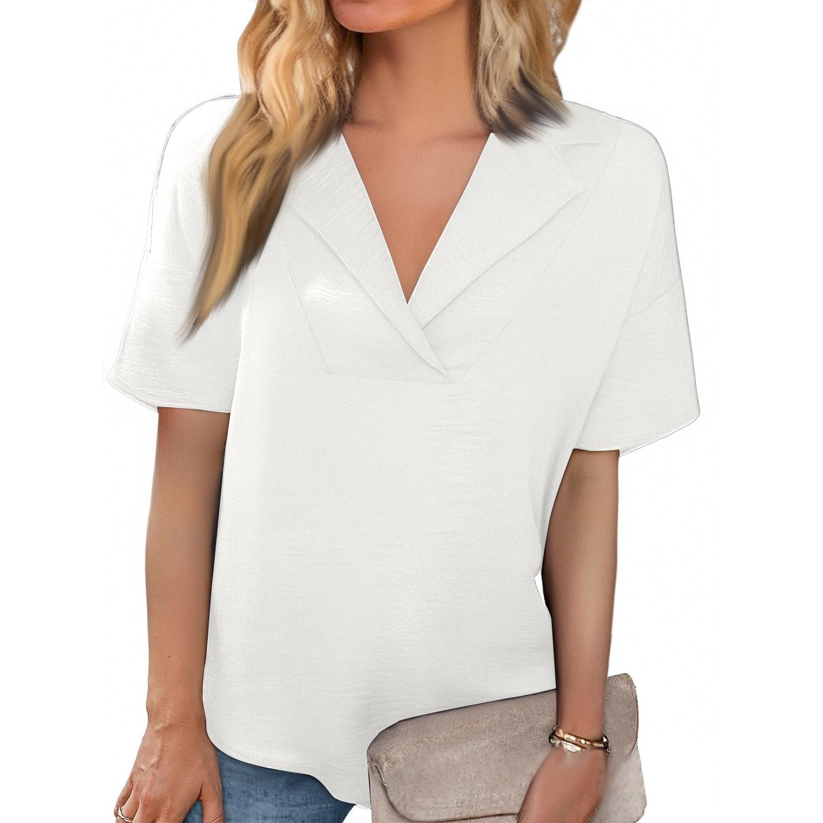 

Модные женские летние повседневные свободные однотонные топы с короткими рукавами и лацканами XL белый
