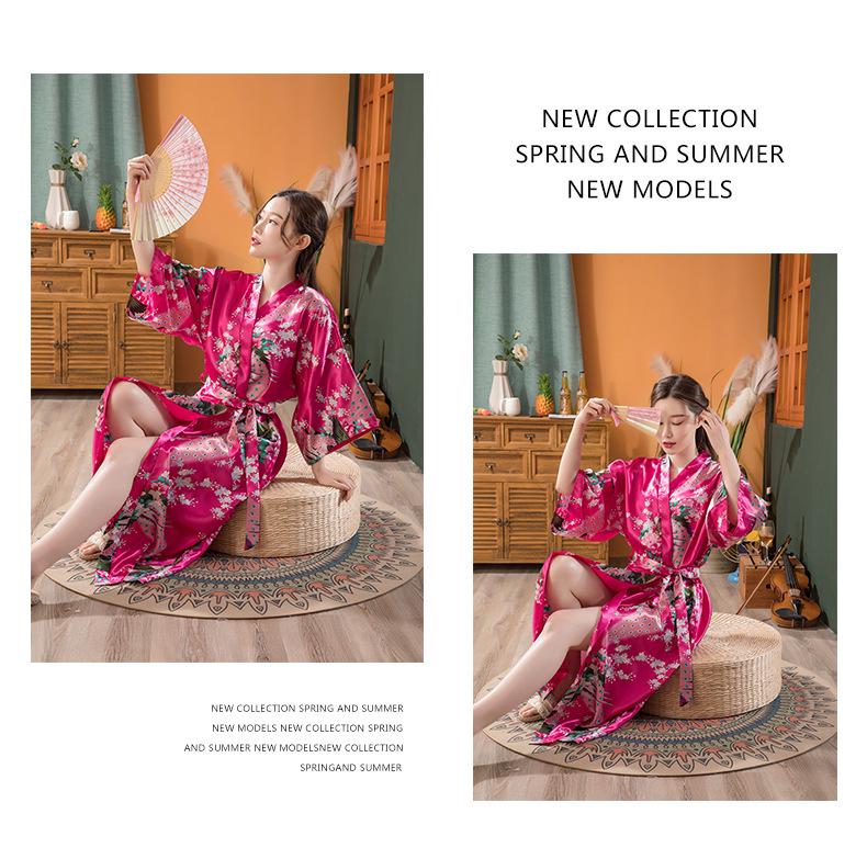 Women's Japanese-Style Satin Kimono Bathrobe with Peacock Design