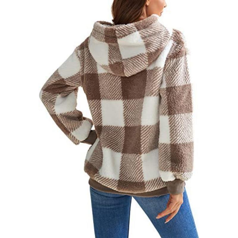 Damen S Langarm Kapuzen Plüsch Kariert Pullover Sweatshirt