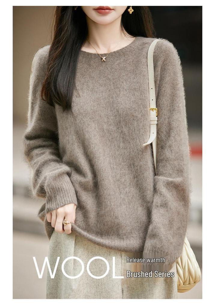 Women's Seamless Plush Knit Wool Sweater, Round Neck, Loose Fit, Long Sleeve - 2026 Autumn/Winter Collection