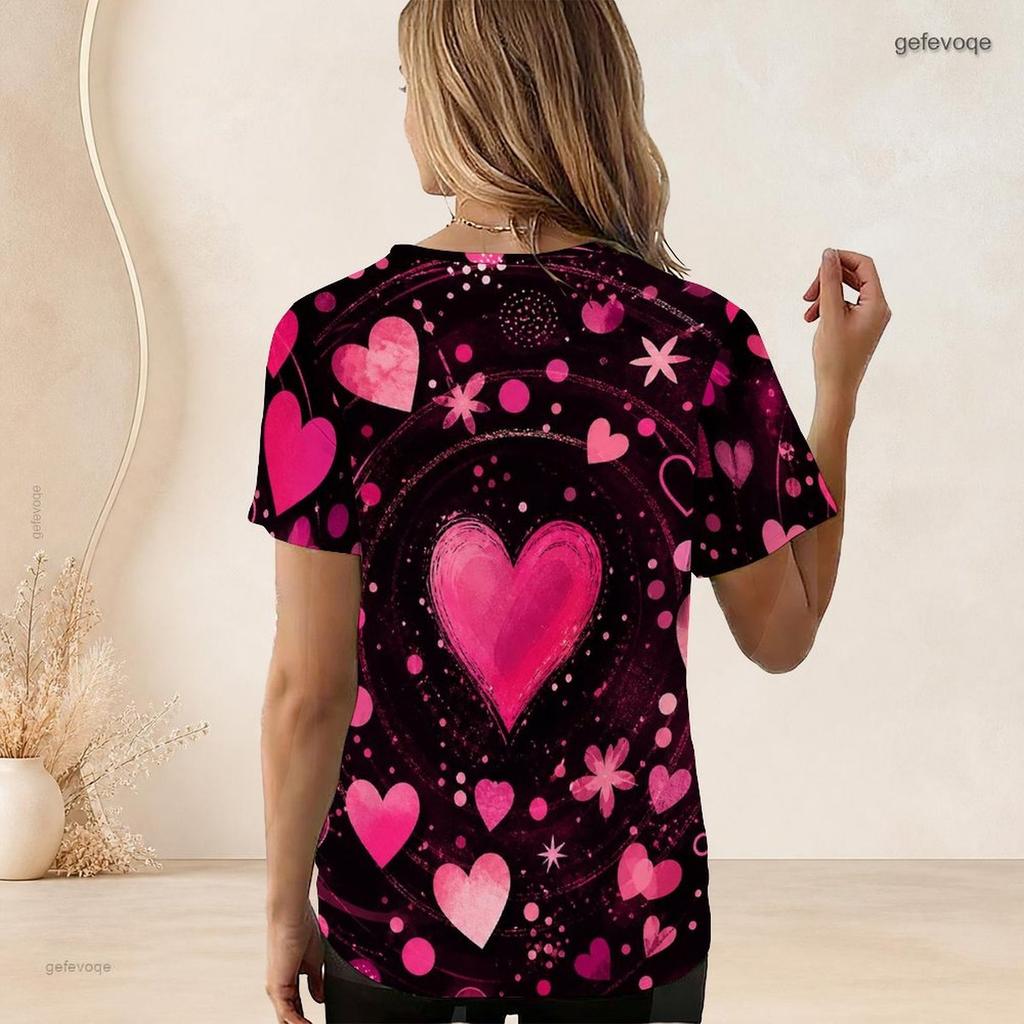 Women Plus Size Short Sleeve U Neck T Shirt Pink Heart Flower Star Dark Background Print Top