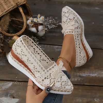 Fashion Woven Mesh Cutout Breathable Bow Single Shoes Autumn New Pointed Toe Mid-Mouth Platform Slip-Proof Heels