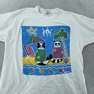 Vintage Susan Shaw Cat Art T-Shirt L/XL White Graphic Beach Tee Made In USA 90s