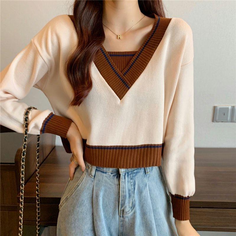 Elegant Knitted V Neck Pullover Sweater Women's Autumn and Winter Fashion Loose Outer Bottoming Shirt 2025 New Casual Simple Short Tops Clothing