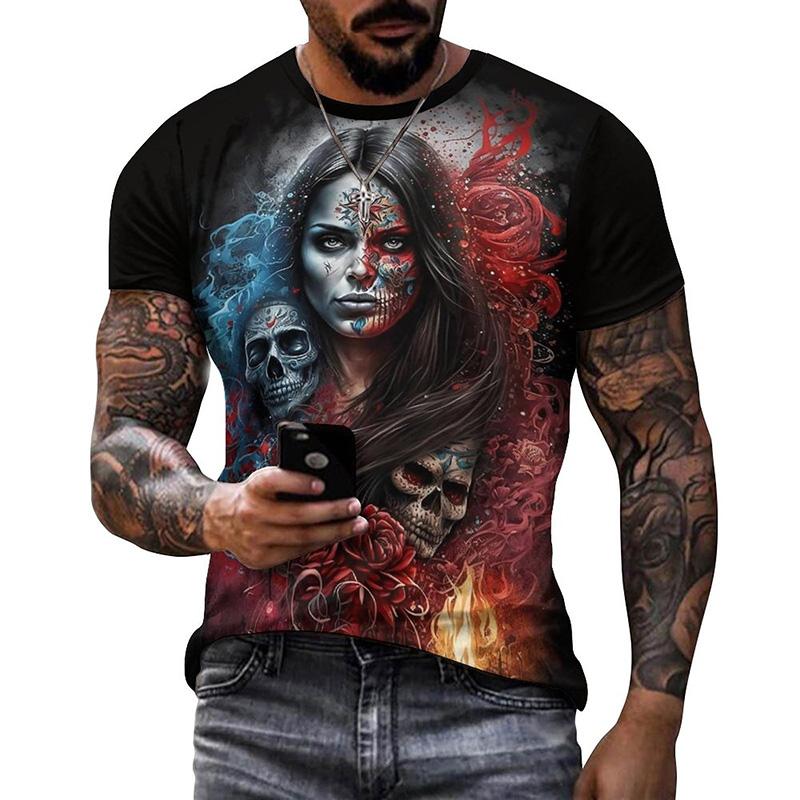 Summer Round Neck 3D Mexican Day of the Dead Skull Pattern Print Top Fashionable Casual Short Sleeved Men's T-shirts