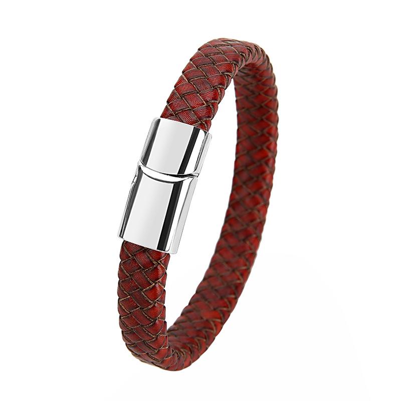 Retro Genuine Leather Men's Woven Cord Bracelet with Magnetic Buckle