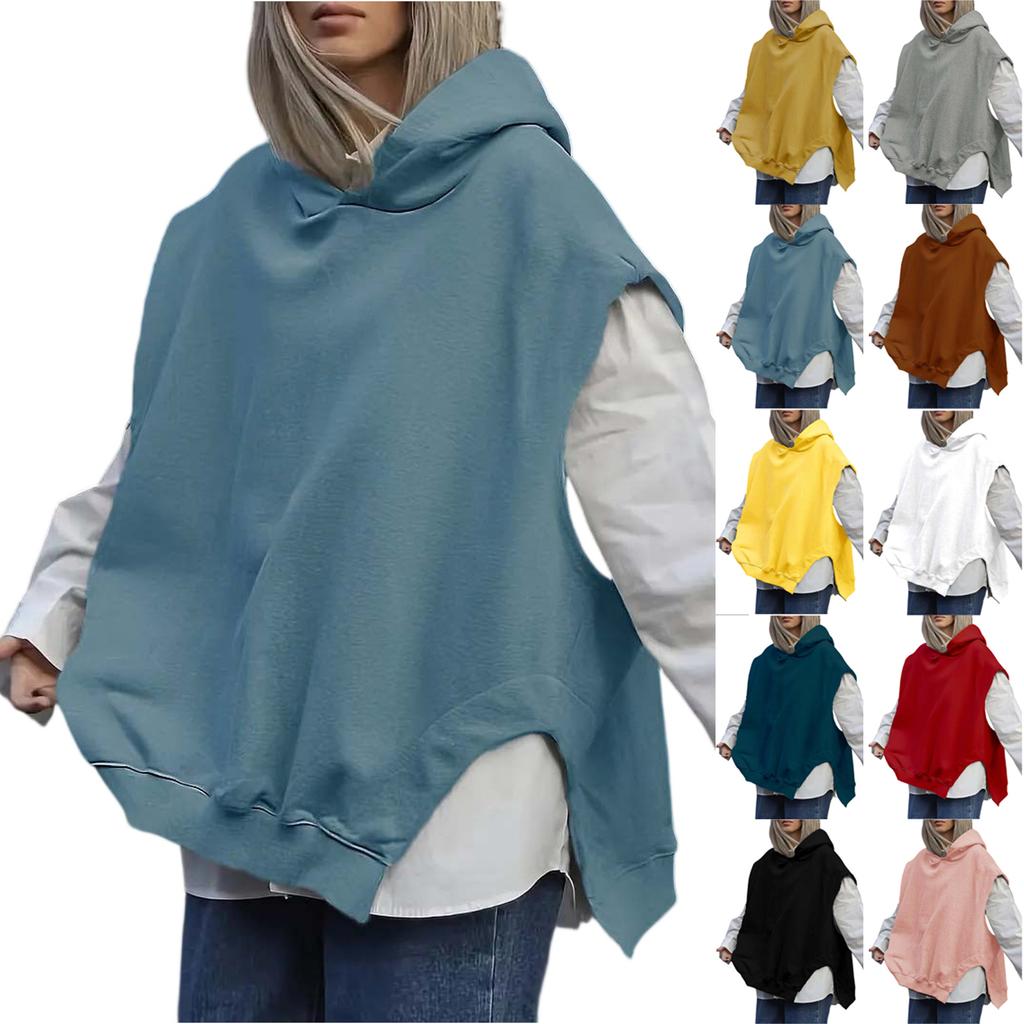 Women's Fashionable Solid Color Sleeveless Hooded Hem Asymmetrical Casual Pullover Vest Hoodie