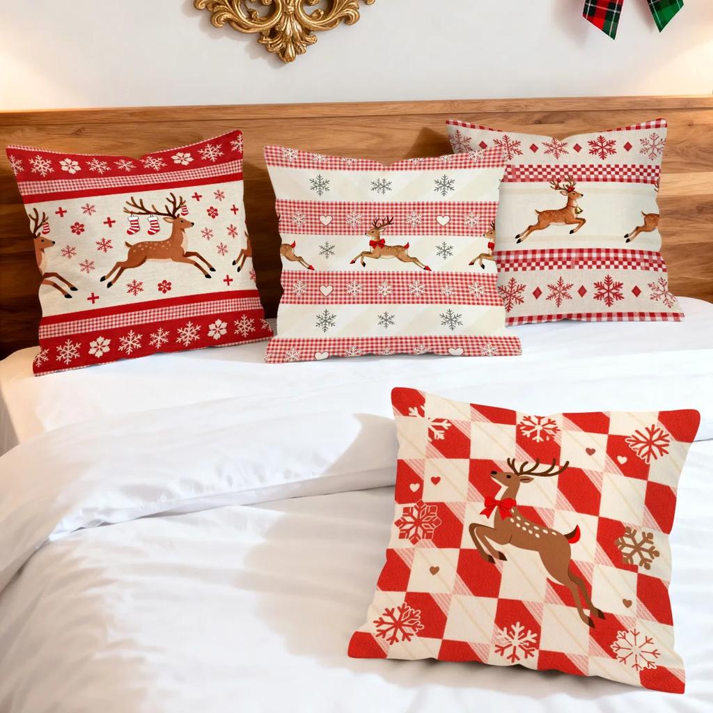 Retro Plaid Christmas Deer  Cushions Pillowcase Polyester Cushion Cover Throw Pillow Pillowcover Home Car Sofa Decor