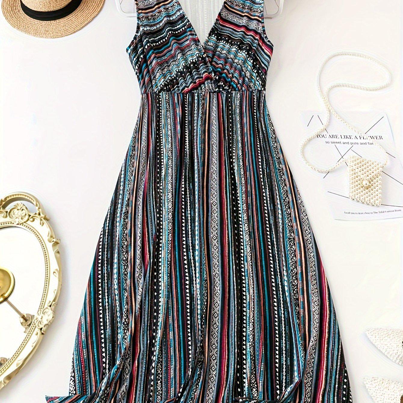 Striped Sleeveless Dress with Stripe Print (Model X 72981) 2XL
