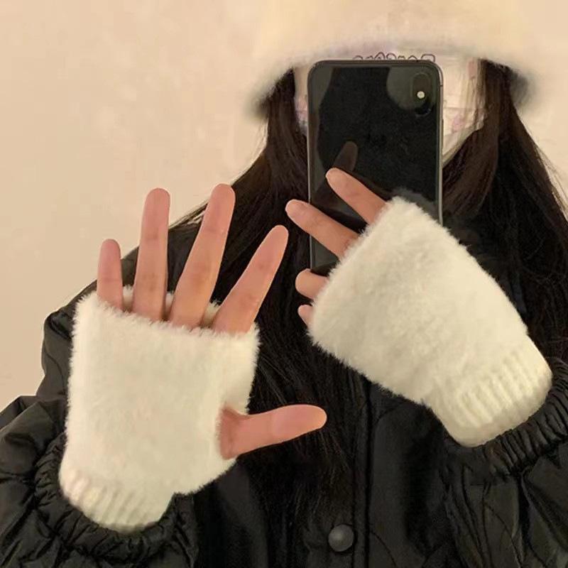 Soft Winter Half Finger Gloves Women Warm Luxury Solid White Plush Knitted Fingerless Gloves Wrist Mittens Writting