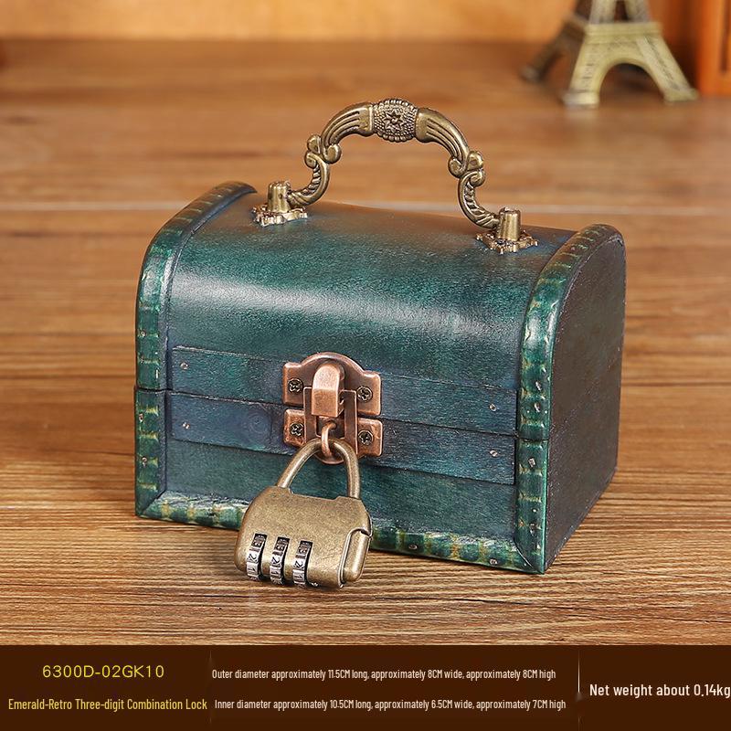 Vintage Wooden Jewelry Box with Combination Lock and Handle for Film Props