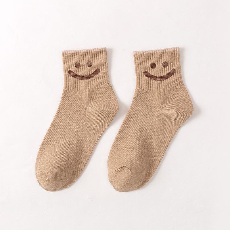 10 Paar Damen Maillard Kaffeefarbene Smiley-Gesicht Mittelrohrsocken Niedliches Smiley-Gesicht Cartoon Muster Vier Jahreszeiten Baumwolle Damen Socken