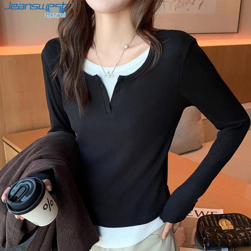 Jeanswest Women s Faux Two-Piece Slim Fit Long Sleeve T-Shirt L