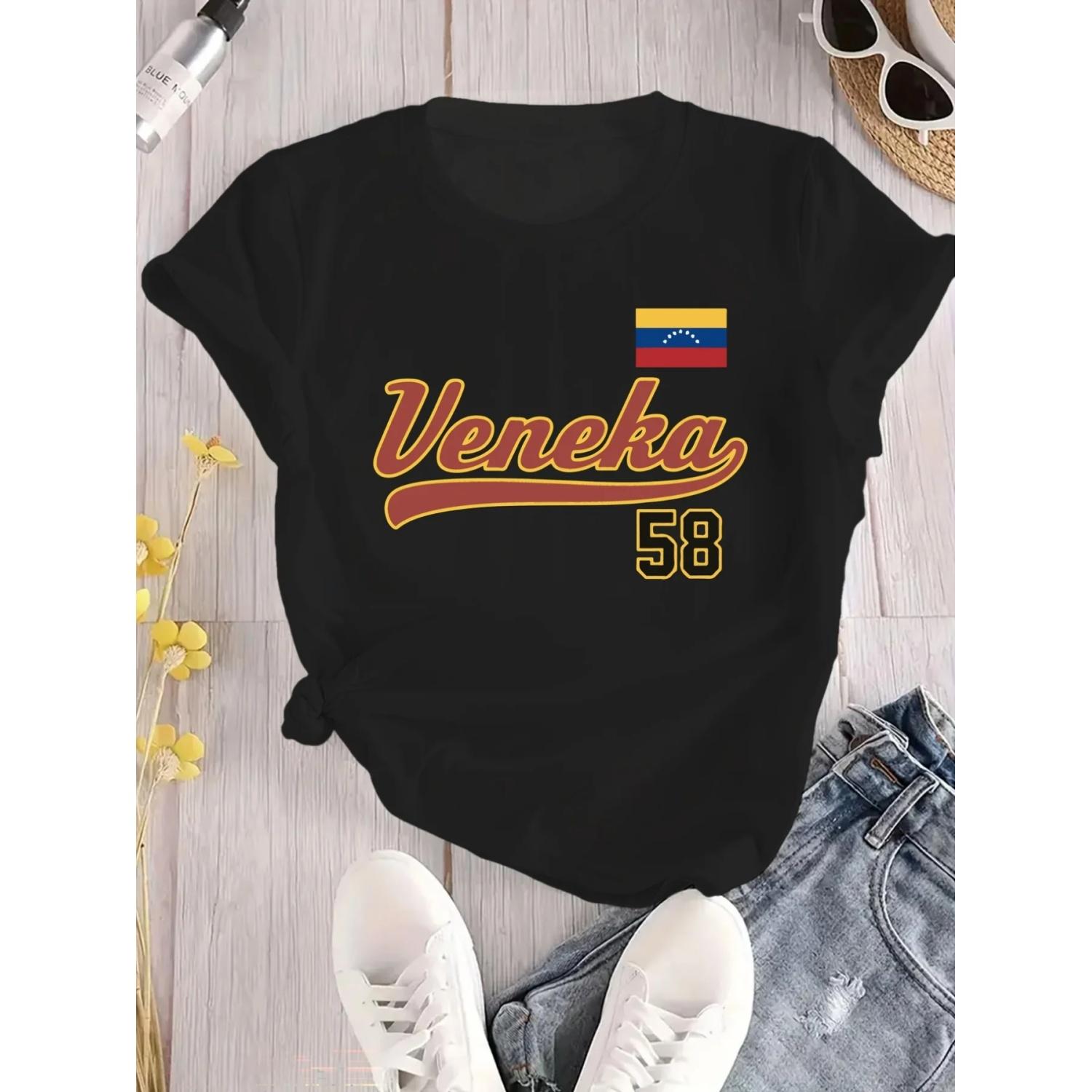 

Venezuela Flag Print T-Shirt Casual Round Neck Short Sleeve Top Comfortable Lightweight Loose Fit Shirts S чёрный