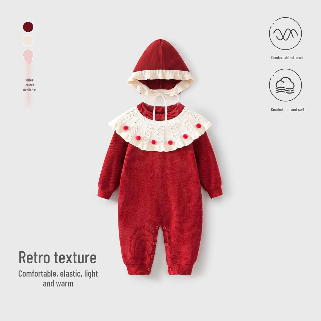 Newborn Baby Girl Knit Sweater Onesie - Autumn/Winter Princess Style Full Moon Bodysuit for 100 Days Celebration