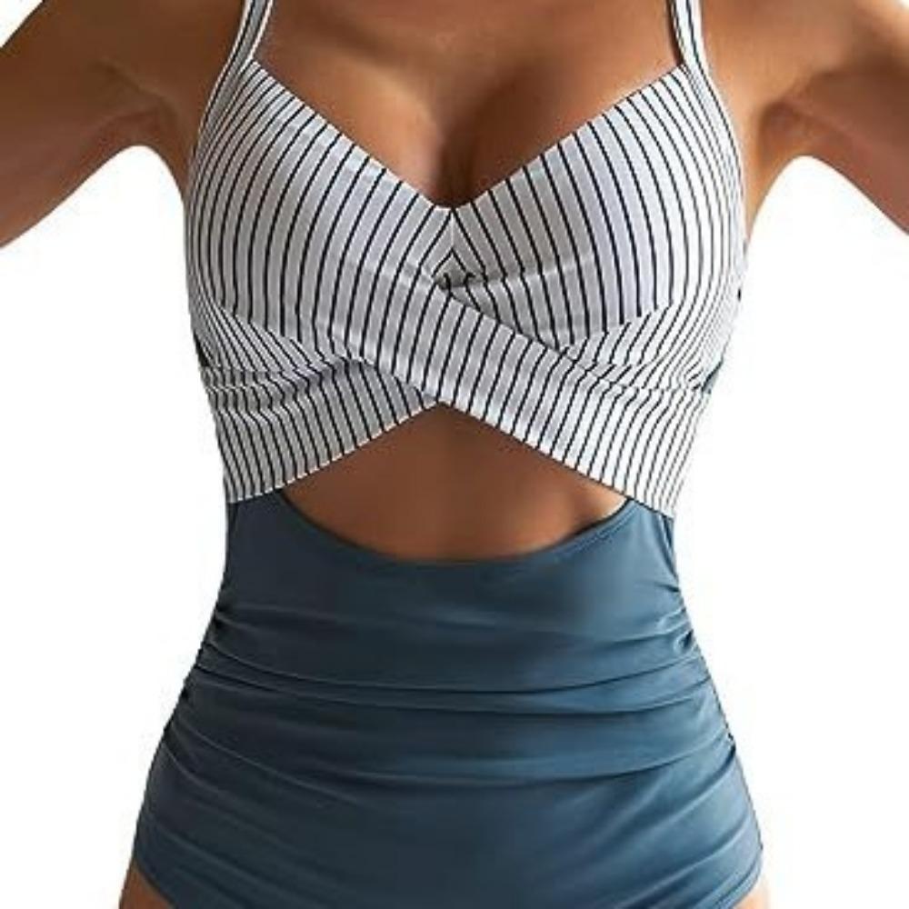 One-piece Solid Color Swimsuit Women's European and American Backless Splicing Sexy Swimsuit Cross Leopard Print Straps