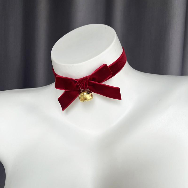 Christmas Bell Choker Necklace Women Fall Winter Red Velvet Bow Collarbone Chain Pure Desire Style