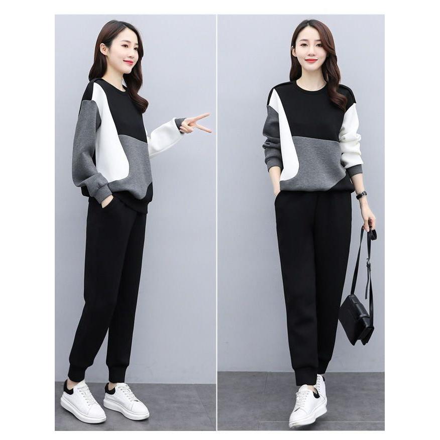 Plussstørrelse Elegant Aldersreduserende Fargeblokk Genserjakke Todelt Sett Dame Casual Sportsklær Ankomst Vår