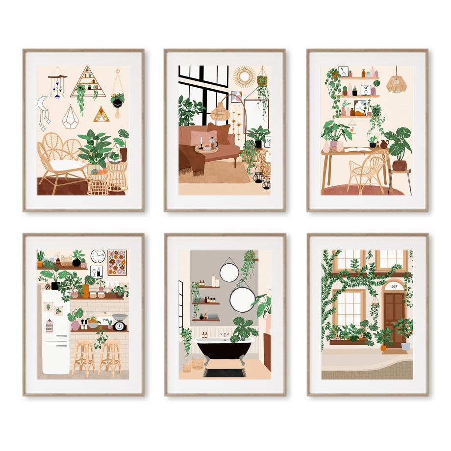 Boho Monstera Zimmerpflanze Abstraktes Lebensstil Wandkunst Leinwandmalerei Nordische Poster und Drucke Für Wohnzimmer Innendekor